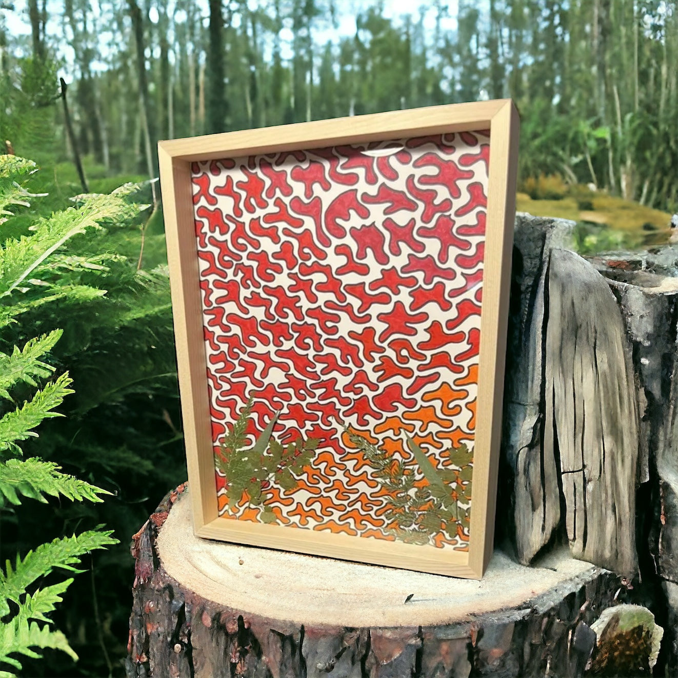 Camouflage flower art sitting on tree stump